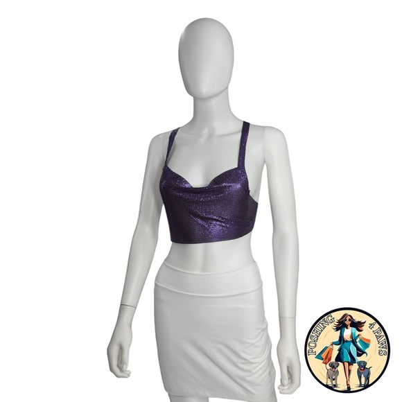 FANNIE SCHIAVONI Hailey Mesh Metallic Festival Draped Crop Top in Purple Size S - Picture 6 of 15
